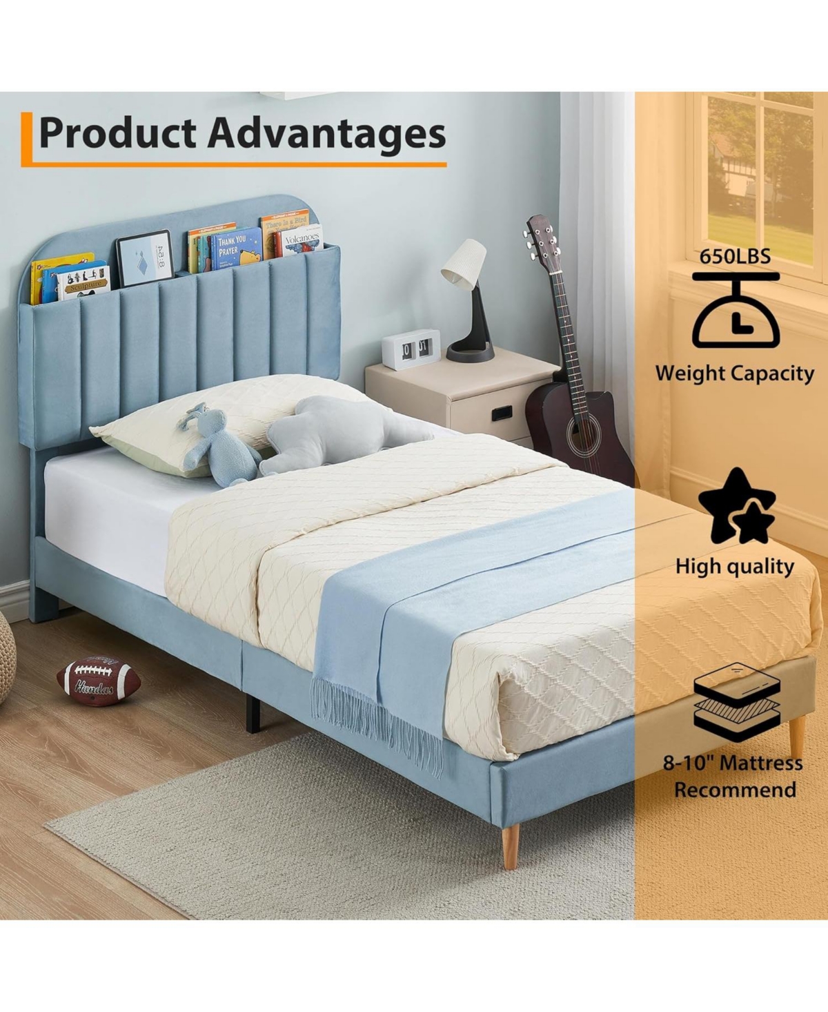 gaomon Twin Bed Frame with Storage Headboard Velvet Upholstered Platform for Girls Wooden Slats Noise Free Easy Assembly