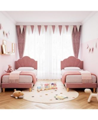 Twin XL Bed Frame Velvet Upholstered Adjustable Headboard for Boys Girls Wooden Slats No Box Spring Needed Light Pink