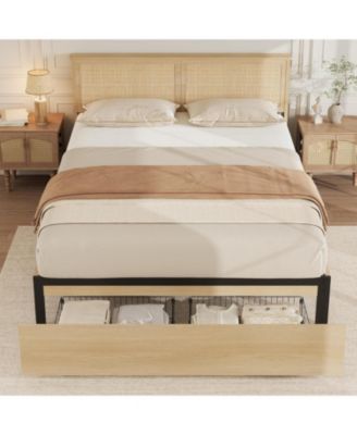 King Size Rattan Bed Frame with Wood Headboard, 2 Storage Drawers, RGB LED Lights, Boho Platform, No Box Spring, Natural