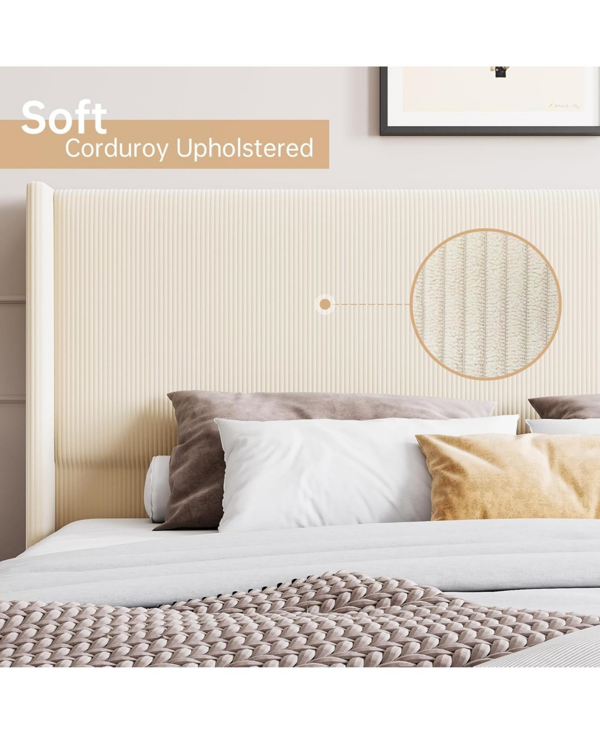 gaomon Queen Size Corduroy Upholstered Bed Frame 51in Tall Wingback Headboard Platform Wooden Slats Noise Free No Box Spring