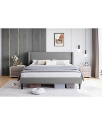 Queen Size Upholstered Bed Frame with Wingback Headboard Velvet Platform No Box Spring Needed Durable Wood Slats Light Grey