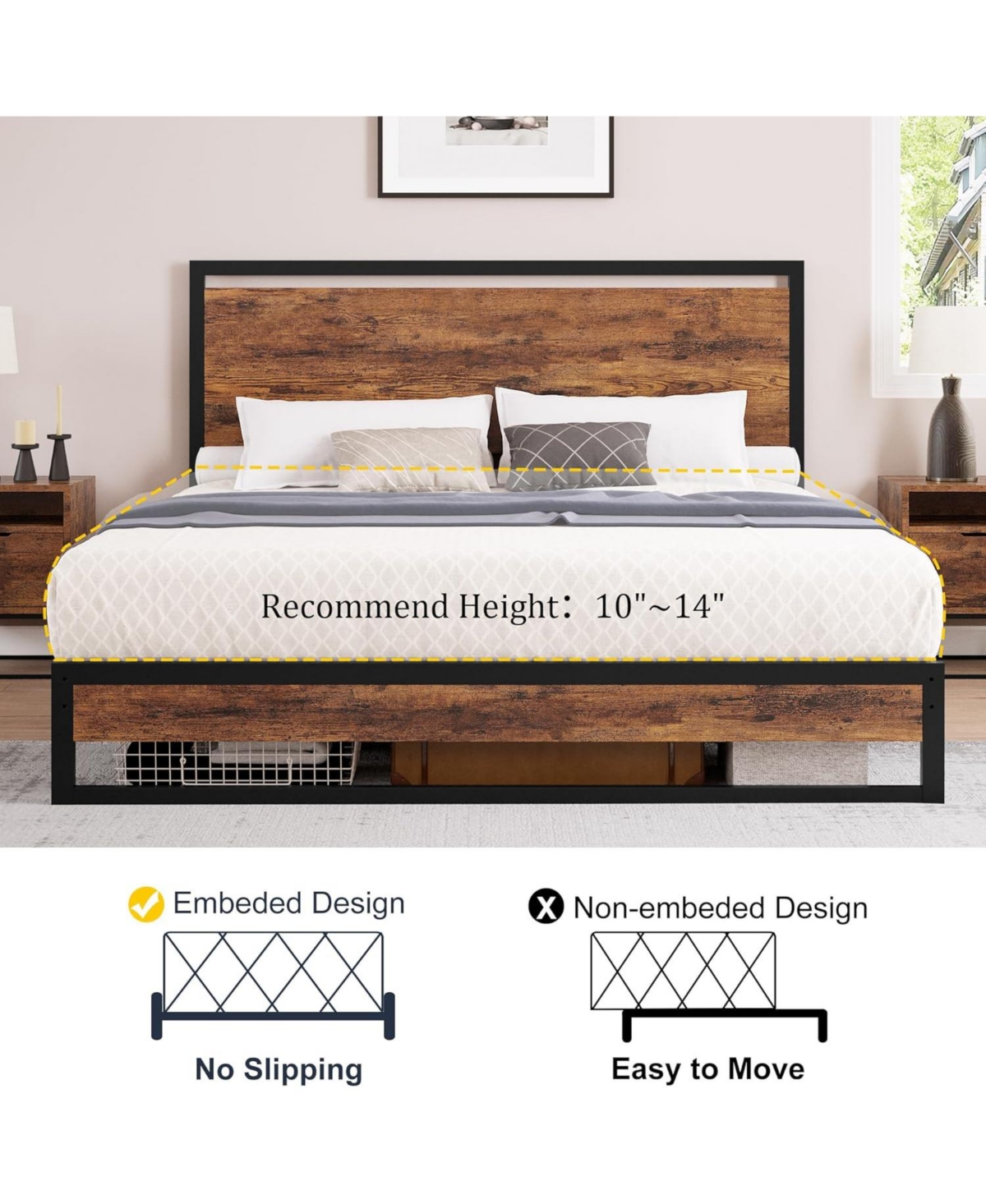 gaomon King Size Metal Bed Frame Wood Headboard Footboard 12in High Underbed Storage No Box Spring Rustic Brown