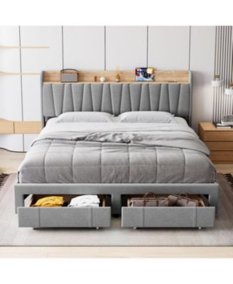 Full Size Bed Frame Storage Headboard Upholstered Platform Drawers Charging Station Noise Free No Box Spring Light Grey