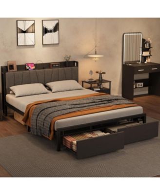 Queen Size Black Platform Bed Frame Metal+PB Board Upholstered Two Mesh Drawers Charging Station Metal Slats No Box Spring