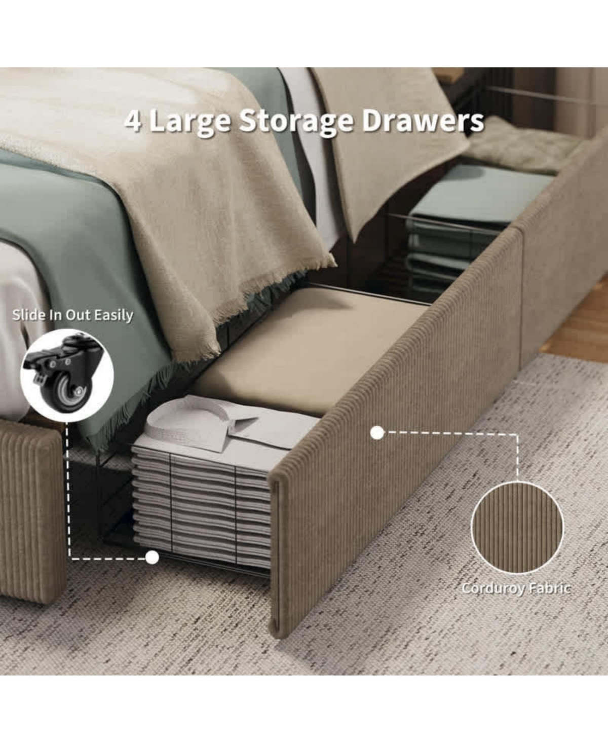 gaomon Queen Size Bed Frame Corduroy Tufted Wingback Headboard Platform with 4 Storage Drawers Wood Slats No Box Spring Brown