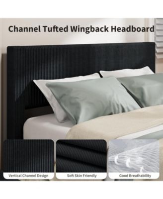 Full Size Upholstered Platform Bed Frame 4 Storage Drawers Corduroy Tufted Wingback Headboard Wood Slats No Box Spring