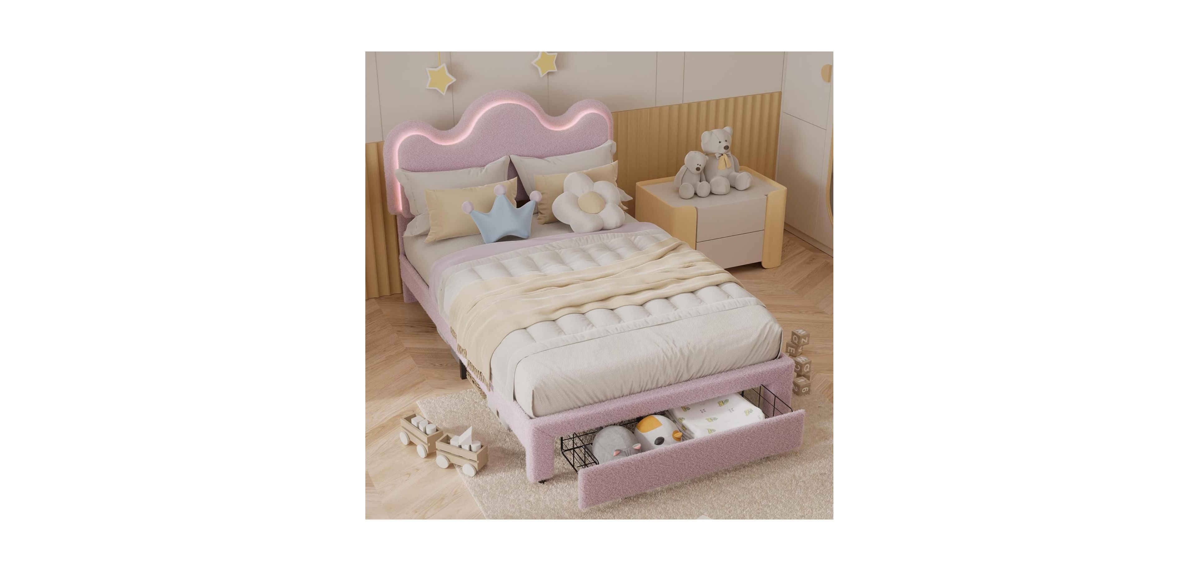gaomon Queen Size Boucle Upholstered Platform Bed Frame Adjustable Headboard Storage Drawers Princess Bed for Girls No Box Spring Pink