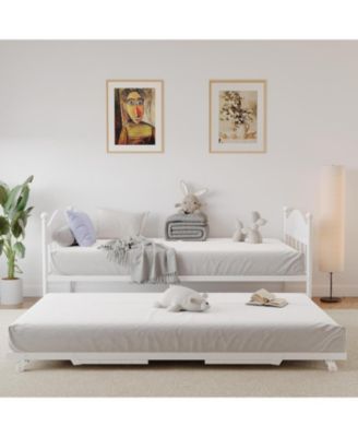 Twin Size Metal Daybed with Pop Up Foldable Trundle Stylish Headboard Sofa Bed Heavy Duty Steel Slats White