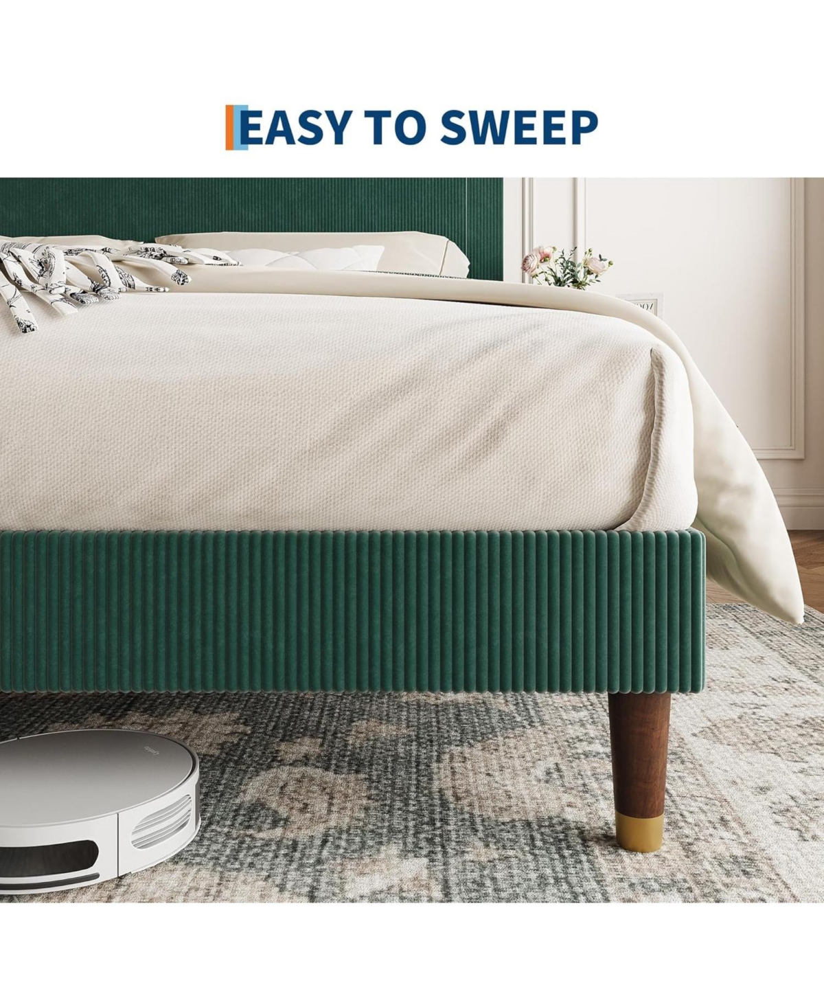 gaomon Queen Size Upholstered Platform Bed Frame Modern Fabric Headboard Metal Frame Wooden Slats Double Support No Box Spring Green