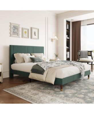 Full Size Upholstered Platform Bed Frame Modern Fabric Headboard Metal Frame Wooden Slats