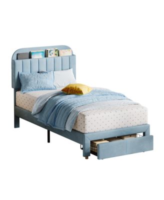 Twin Size Velvet Upholstered Bookcase Headboard with Storage Drawer Platform Bed Frame