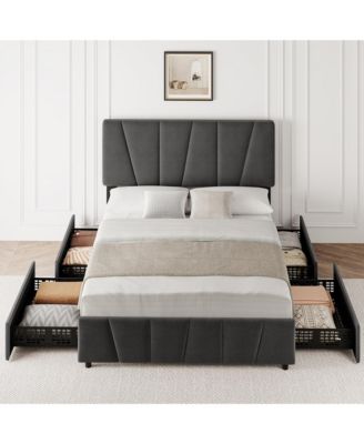 Queen Size Bed Frame with 4 Storage Drawers and Adjustable Headboard, Linen Upholstered Platform Bed Frame