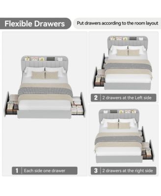 Full Bed Frame with Storage Headboard, Girls Bed Frame with 2 Drawers