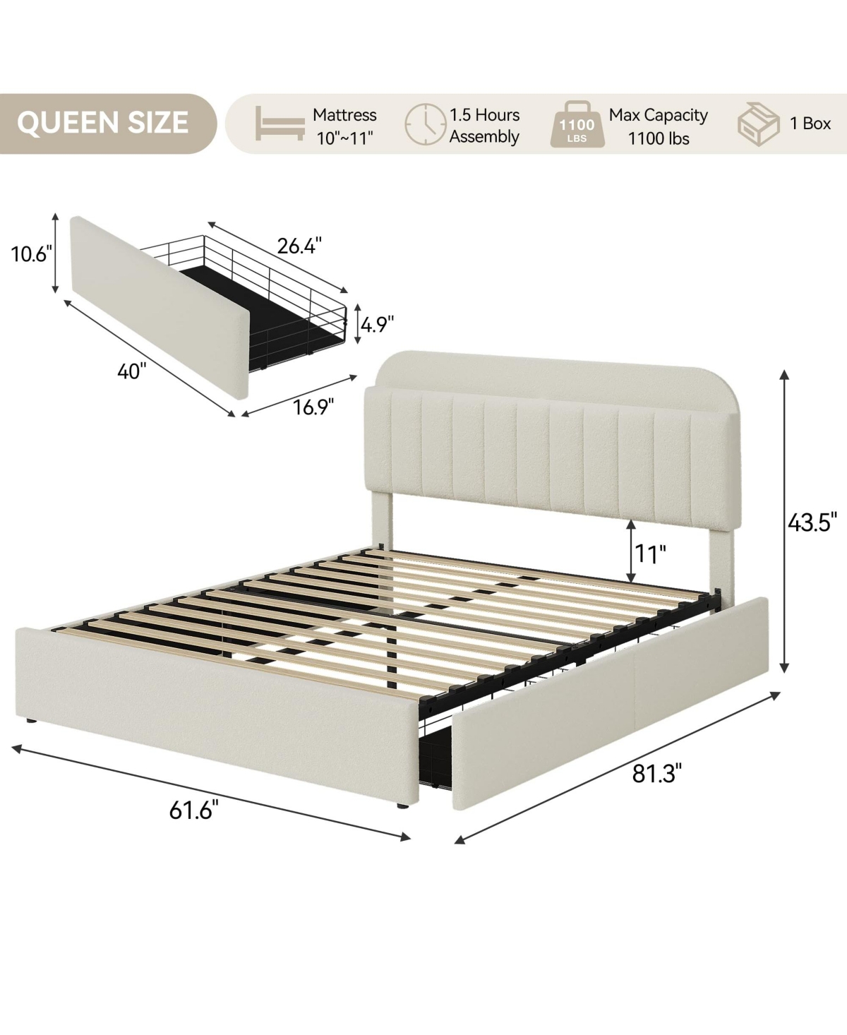 gaomon Queen Bed Frame with Storage Headboard, Girls Bed Frame with 2 Drawers