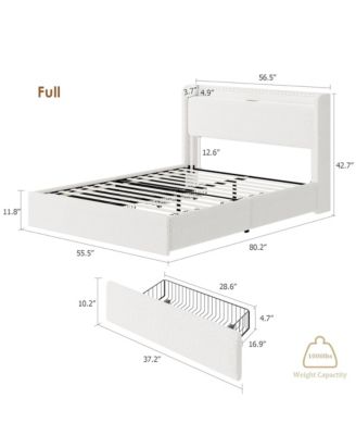 Full Size Boucle Bed Frame with Storage Headboard, Charging Station and LED Lights