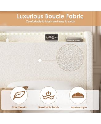 Queen Size Boucle Bed Frame with Storage Headboard, Charging Station and LED Lights