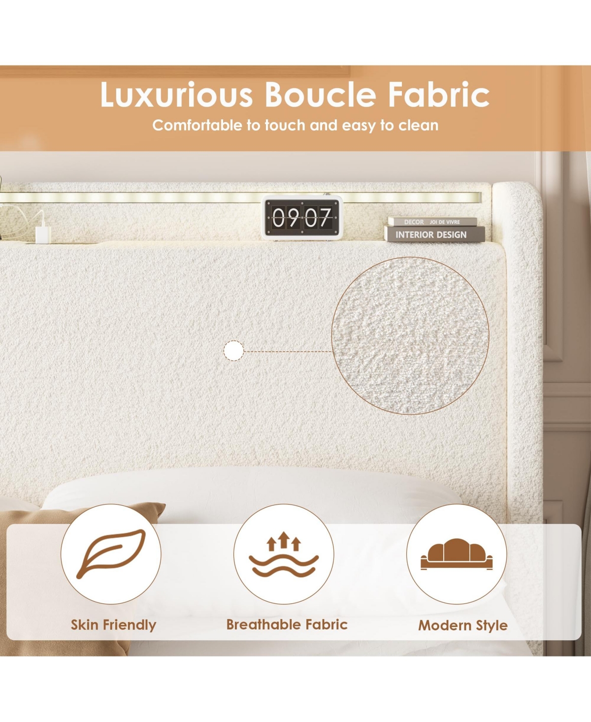 gaomon Queen Size Boucle Bed Frame with Storage Headboard, Charging Station and Led Lights