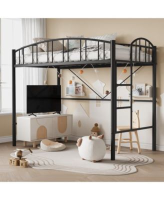 Loft Bed Twin Size, Heavy Duty Metal Loft Bed Frame with Arched Guardrail and Safety Ladder