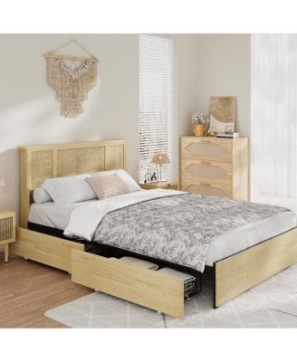 Queen Bed Frame with Natural Rattan Headboard, 4 Storage Drawers, Slats, Bohemian-Style Cane Mattress Support
