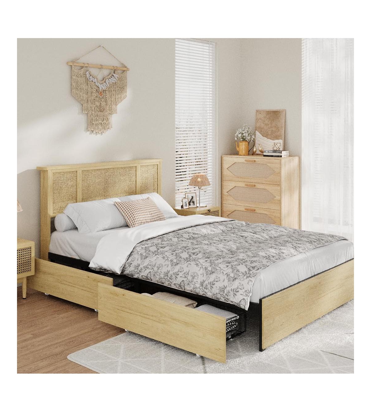 gaomon Queen Bed Frame with Natural Rattan Headboard, 4 Storage Drawers, Slats, Bohemian-Style Cane Mattress Support