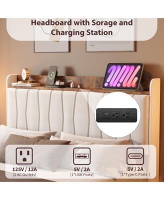 Floating Bed Frame Full with LED Lights & USB Charging Station – Modern Upholstered Platform Bed with Headboard