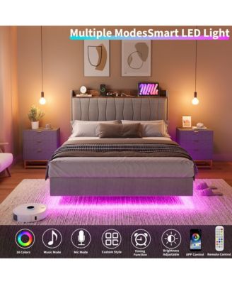 Full size Modern Upholstered Floating Bed Frame with LED Lights & USB Charging Station