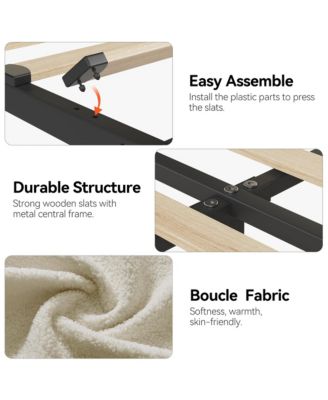 Twin XL Bed Frame for Kids, Boucle Upholstered Platform Bed for Girls with 2 Flexible Drawers, Bookcase Headboard