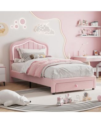 Twin Upholstered Bed Frame with Storage Drawer and Smart Led Headboard, Twin Size Platform Bed Frames for Kids