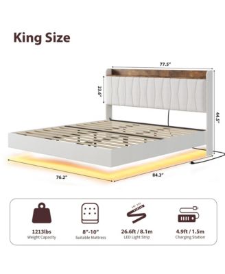 King Floating Bed Frame with LED Lights & Charging Station, Upholstered Platform Bed with Storage Headboard