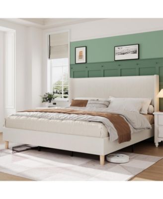 King Bed Frame, Upholstered Platform Corduroy Bed Frame with Vertical Channel Tufted Wingback Headboard