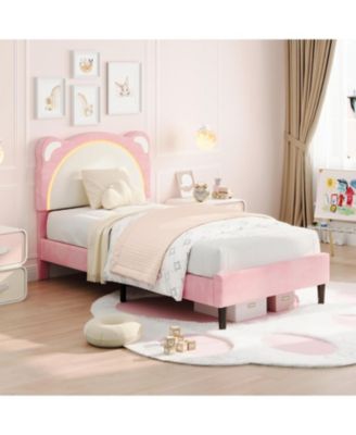 Twin Kids Bed Frame, Upholstered Platform with Adjustable Headboard & LED, Wooden Slats, No Box Spring