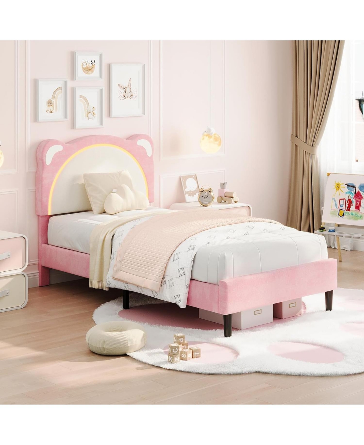 Gaomon Twin Kids Bed Frame, Upholstered Platform with Adjustable Headboard & Led, Wooden Slats, No Box Spring