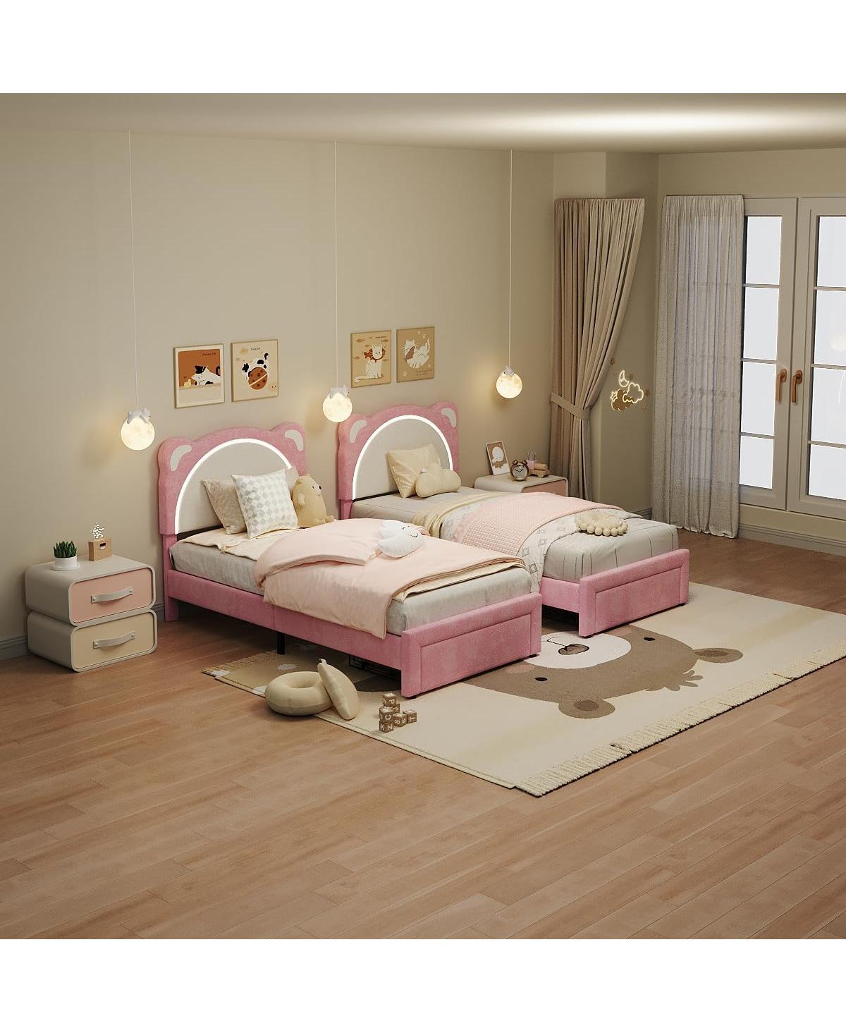 gaomon Twin Kids Bed Frame, Upholstered Platform with Adjustable Headboard, Drawer & Led