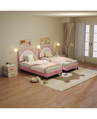 Twin XL Kids Bed Frame, Upholstered Platform with Adjustable Headboard & LED,Wooden Slats, No Box Spring,  Nursery