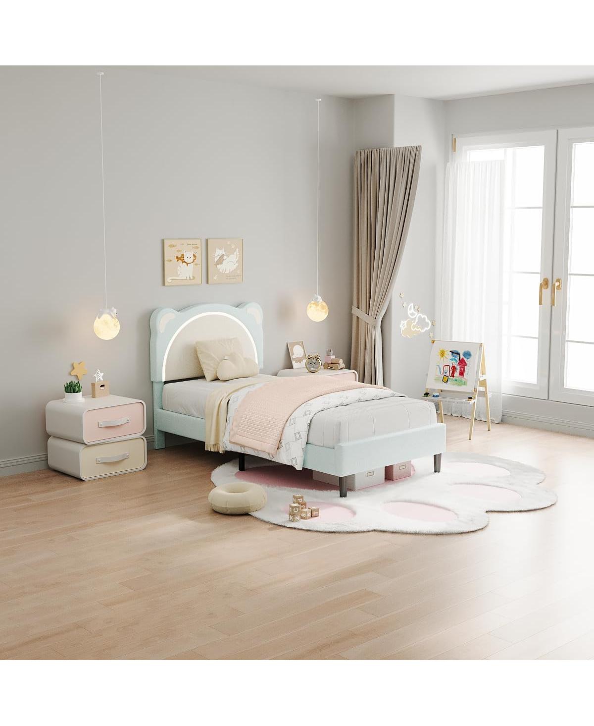 gaomon Twin Xl Upholstered Bed for Kids – Adjustable Headboard with Led Light, Wooden Slats, No Box Spring, Blue