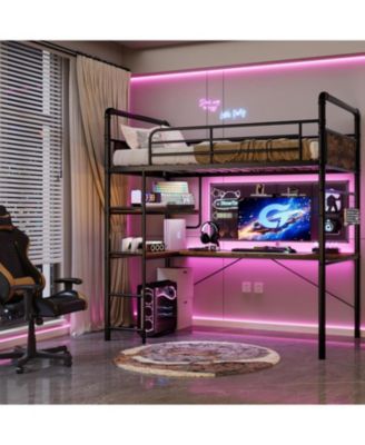 Twin Loft Bed with L-Shaped Desk & Storage Shelf, Heavy Duty Metal Frame for Adults,Space Saving Design,Vintage Finish