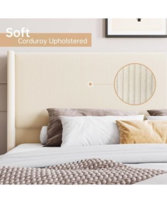 51" Tall Wingback Headboard with Vertical Stripes, Noise-Free Slats, No Box Spring Needed Corduroy Upholstered Platform Bed