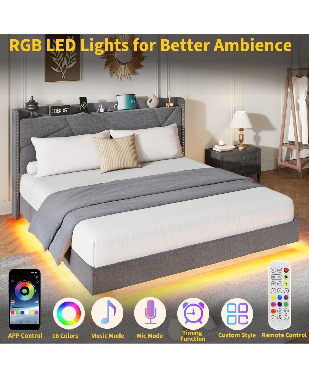 gaomon King Floating Bed Frame with Rgb Led Lights & Charging Station Upholstered Platform Storage Headboard Button Tufted Design No Box Spring