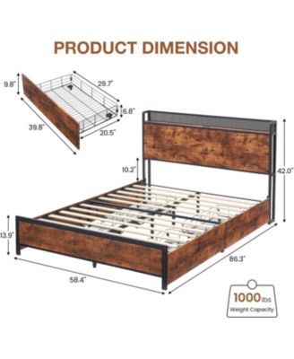 Queen Bed Frame with LED Storage Headboard and 4 Drawers Platform Frame with Charging Ports Metal Slat Support No Box Spring Required