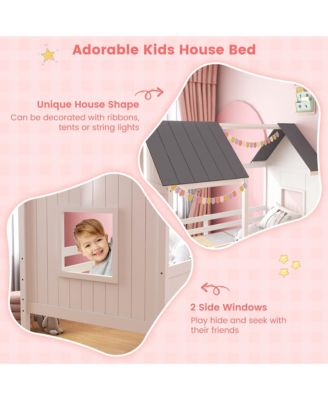 Twin Low House Bed Wooden Loft Bed with Ladder Roof Windows Slatted Support