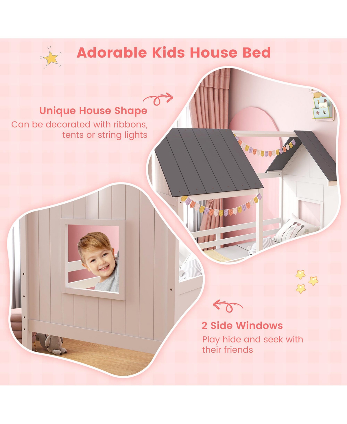 Gymax Twin Low House Bed Wooden Loft Bed with Ladder Roof Windows Slatted Support