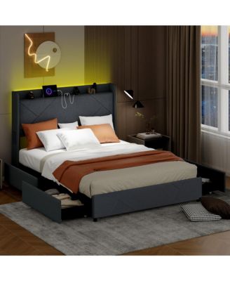 Bed Frame w/LED Lights Charging Station 2 Storage Pockets & 4 Drawers