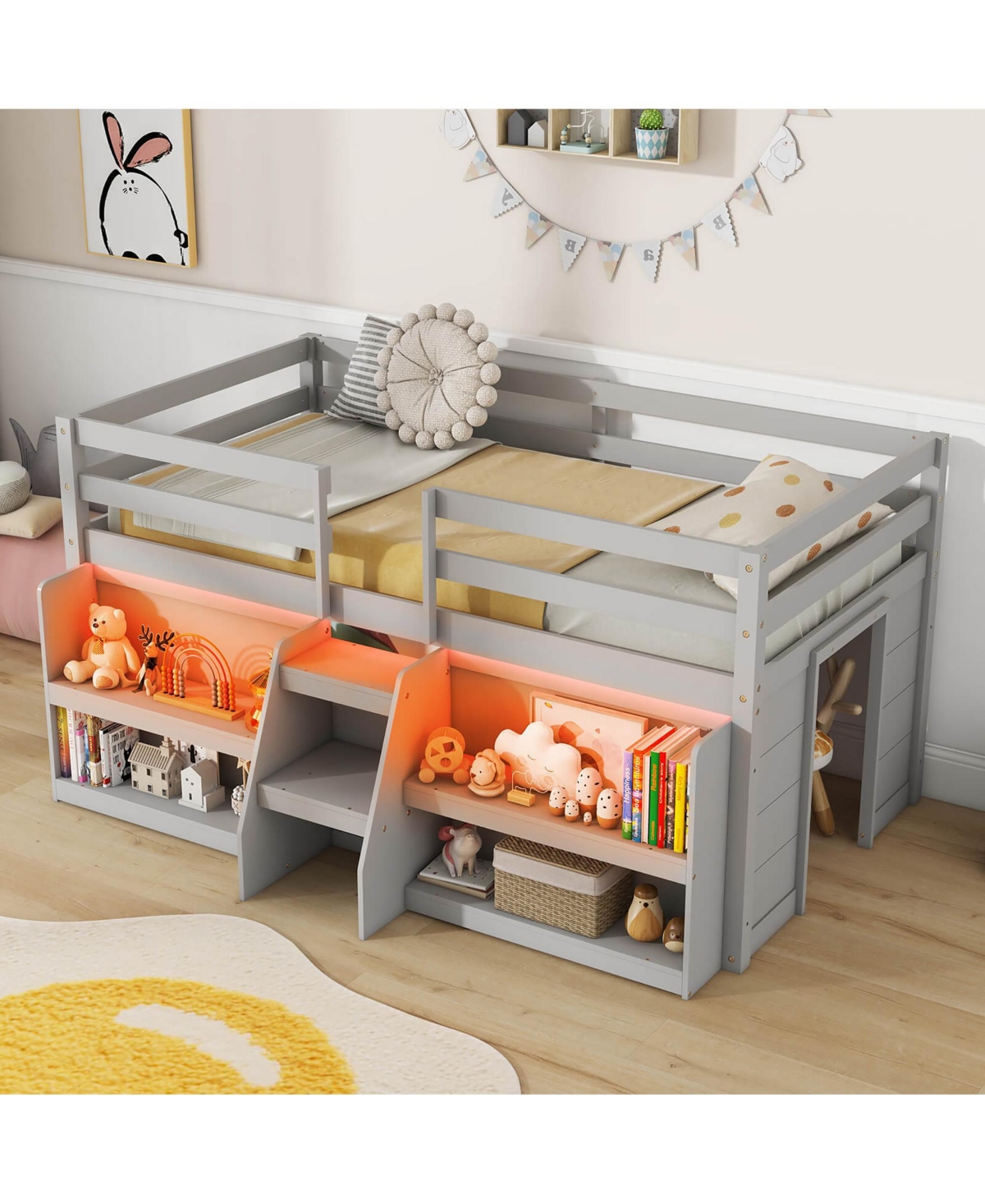 Gymax Twin Loft Bed w/ Led Lights Staircase & Safety Guardrail Under-bed Storage