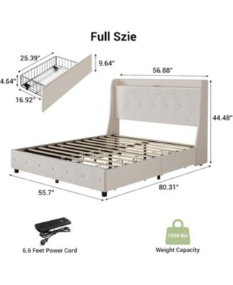 Upholstered Bed Frame with 4 Storage Drawers, Headboard and Storage, Platform Bed Frame with Charging Station & Wingback, No Box Spring Needed