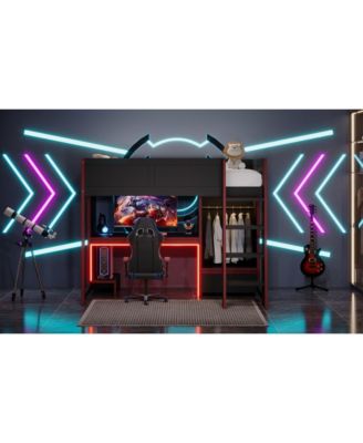 Black Wood Twin Size Loft Bed with BuiltIn Desk Wardrobe and Storage Drawer LED Lighting Space Saving Furniture for Kids and Teens Bedrooms