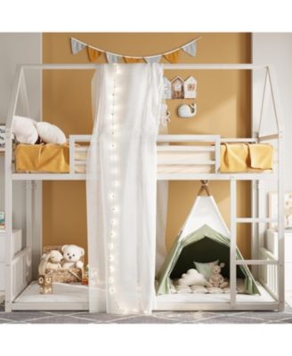 Bunk Bed Twin Over Twin with Ladder and Guardrail, House Shaped with Metal Slats for Dormitory and Bedroom