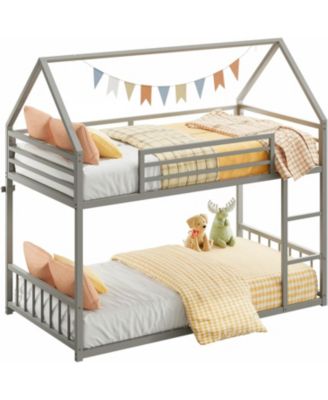 Bunk Bed Twin Over Twin, House Bunk Bed Frame with Ladder and Guardrail, House Shaped with Metal Slats for Dormitory and Bedroom