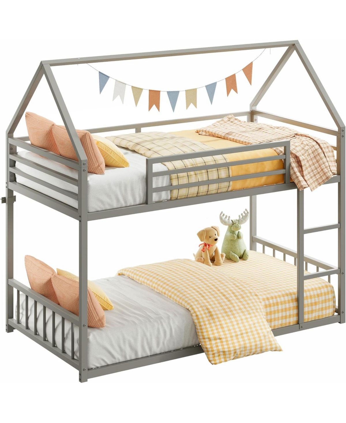 Likimio Bunk Bed Twin Over Twin, House Bunk Bed Frame with Ladder and Guardrail, House Shaped with Metal Slats for Dormitory and Bedroom