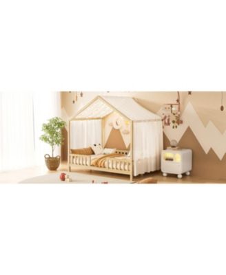 Montessori Floor Bed with Canopy, Full Size House Shape Toddler Bed Frame