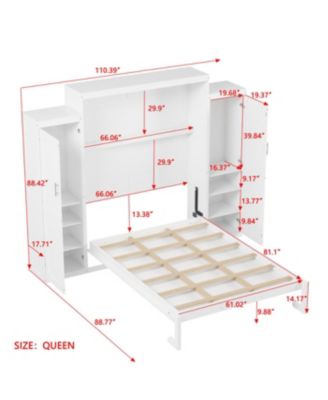 Queen Size Murphy Bed with 2 Wardrobes & Storage Shelf, White